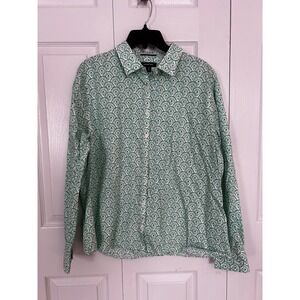 Lands End Womens 18 No Iron Supima Cotton Shirt Green Geometric Fan Print Blouse